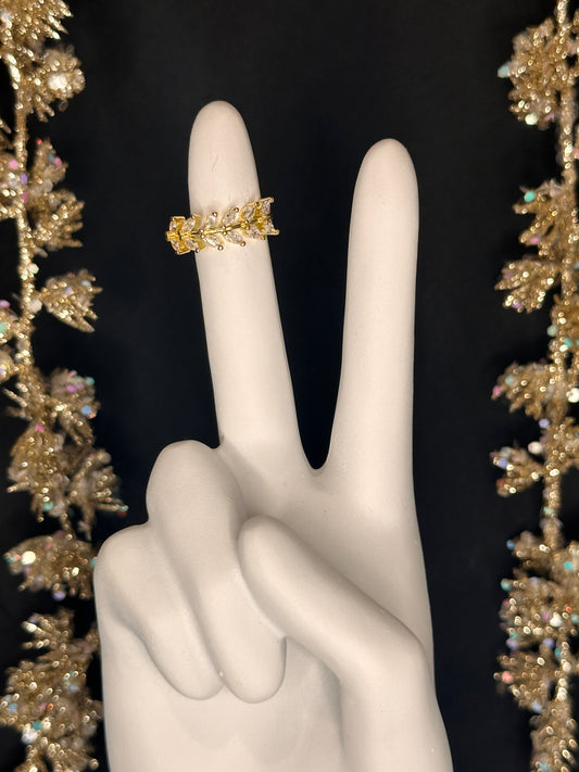 Exclusive Design Brass Open Ring With Leaf Pattern & Micro Inlaid Cubic Zirconia