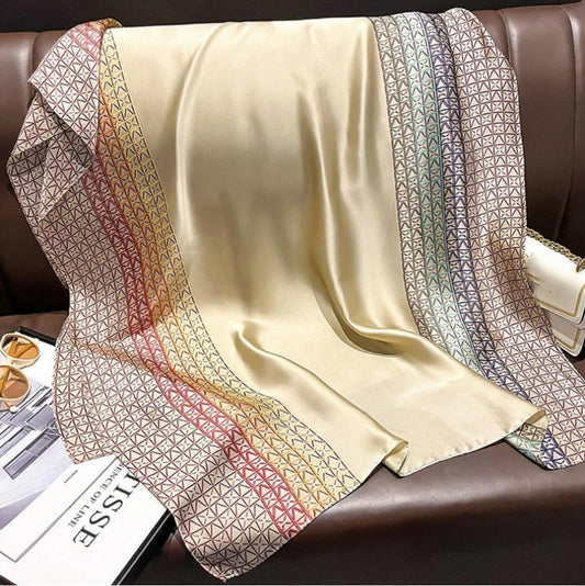 Khaki Geometric Assembled Pattern Long Silk Scarf