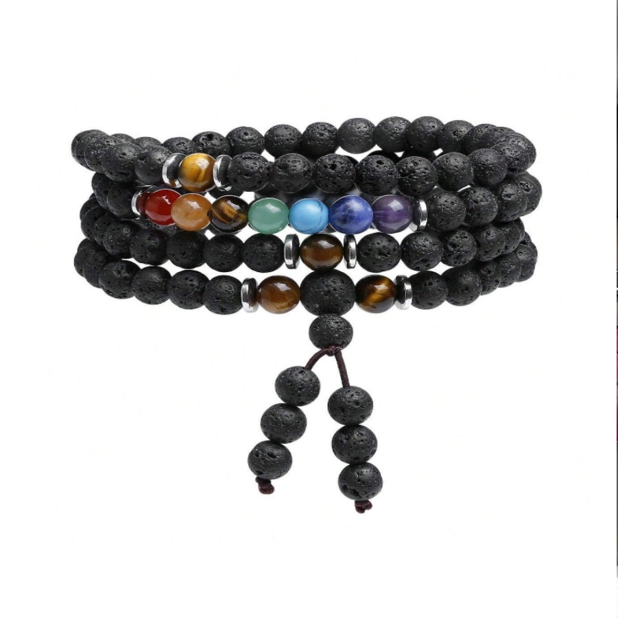 108 Mala Prayer Beads Meditation Bracelet 7 Chakra Crystal Healing Lava Rock Stone