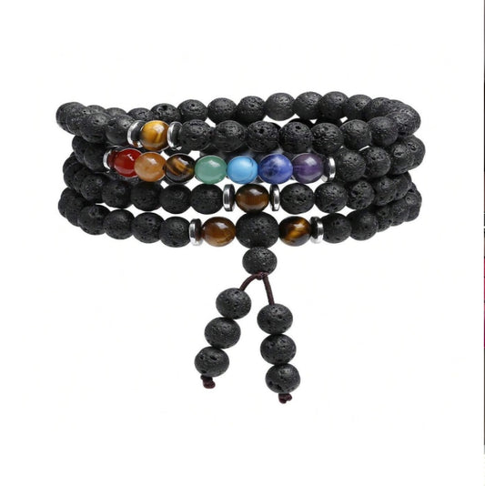 108 Mala Prayer Beads Meditation Bracelet 7 Chakra Crystal Healing Lava Rock Stone