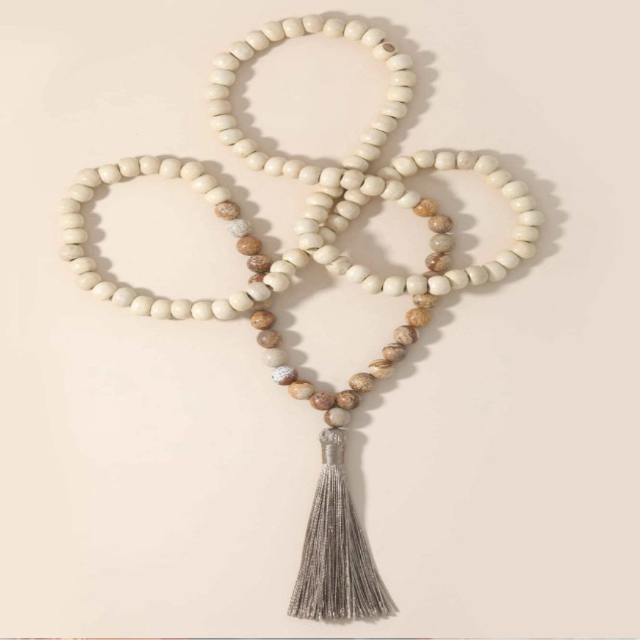 Stone Rose Quartz Wood Beads Necklace