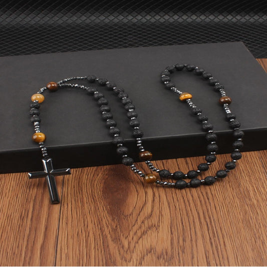 Cross Charm Beaded Rosary Necklace